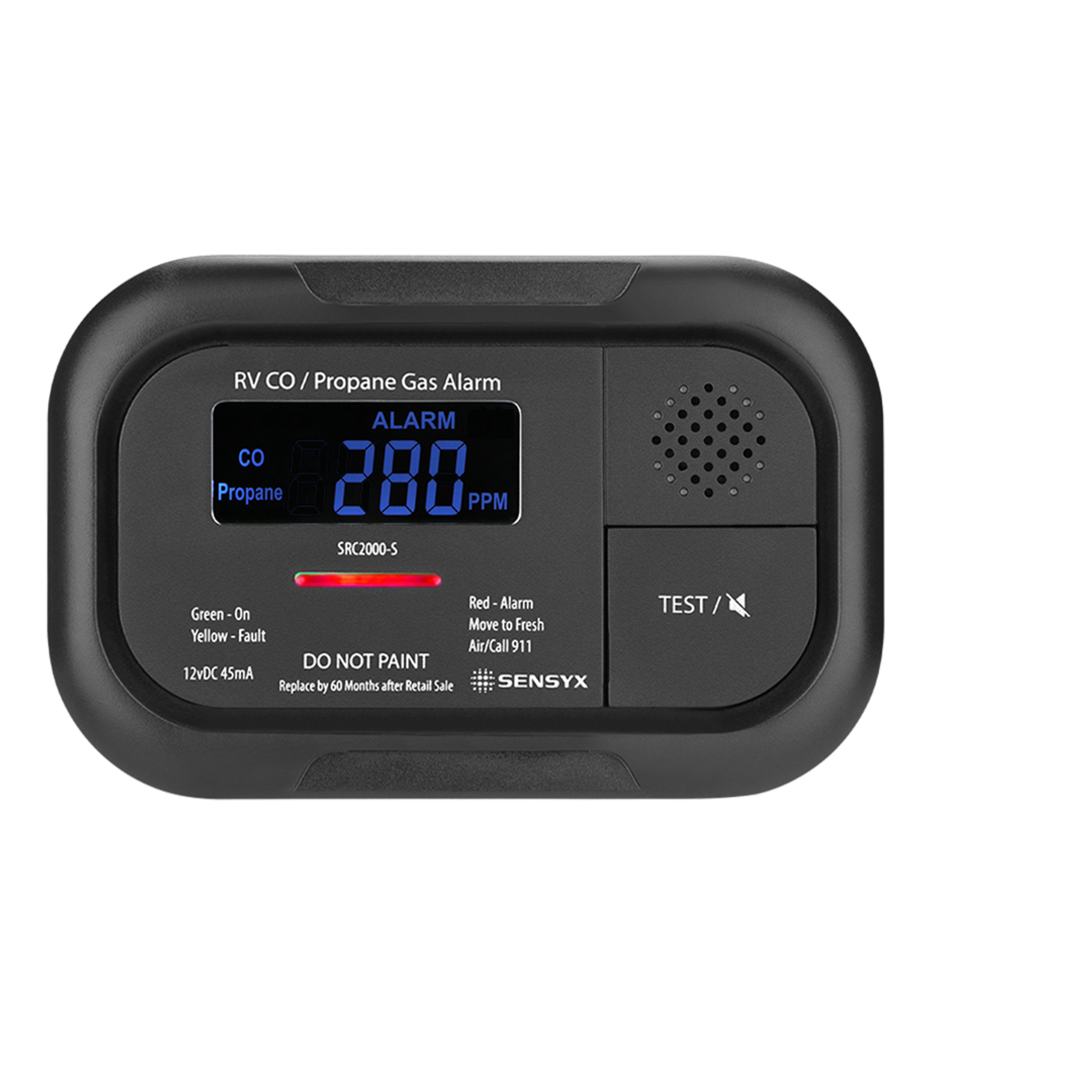 SENSYX SRC2000-S black RV propane and carbon monoxide detector with LCD displaying ALARM 280 PPM